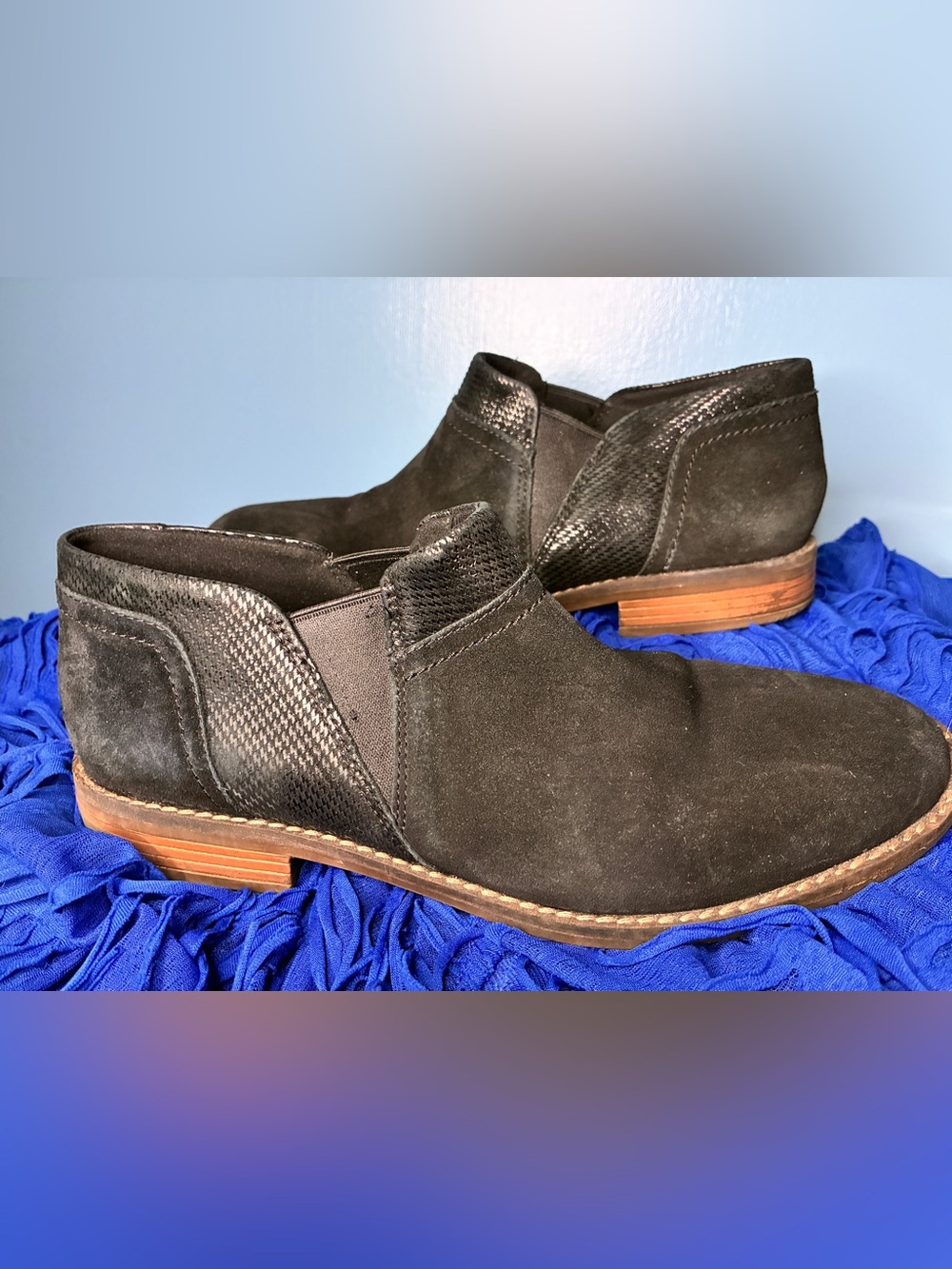 Clarks Black Suede Ankle Booties with Textured Side Panels